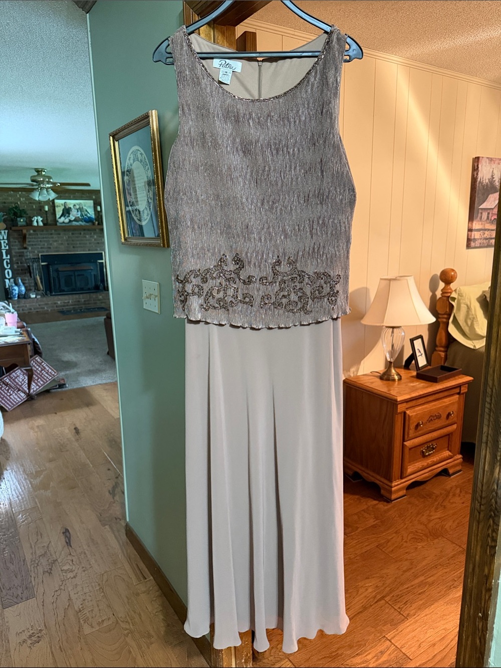 Sleeveless Beaded Evening Dress in Taupe